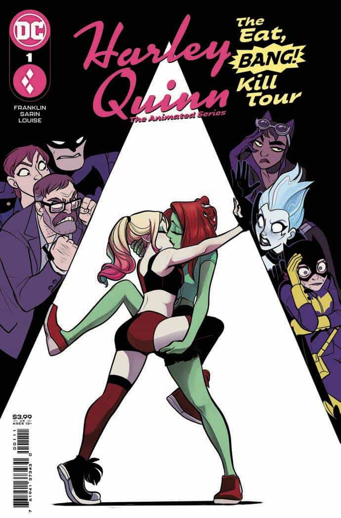 On the comic's cover, Harley Quinn and Poison Ivy stand in a spotlight, kissing. Harley's leg is wrapped around Ivy and Ivy has her hand on Harley's thigh. Various other characters including Batman, Commissioner Gordon, and Catwoman look on in varying levels of shock, anger, exhaustion, and disgust.