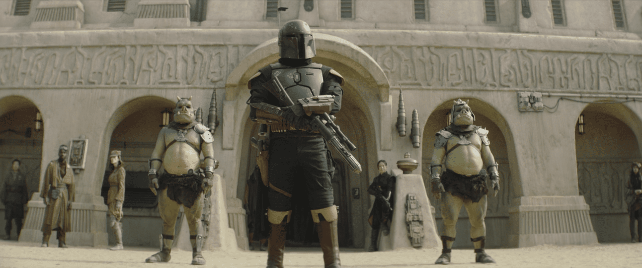 Boba Fett and his crew in the streets of Mos Espa